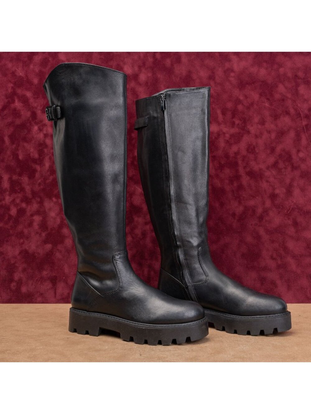 Franco Sarto Women Moto Black Leather Lug Riding Buckle Tall Knee Boots sz 7